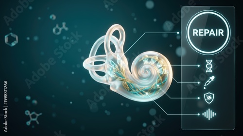 A glowing inner ear cochlea with nano fibers repairing cells connected with icons in lab space, tinnitus treatment, medical technology concept