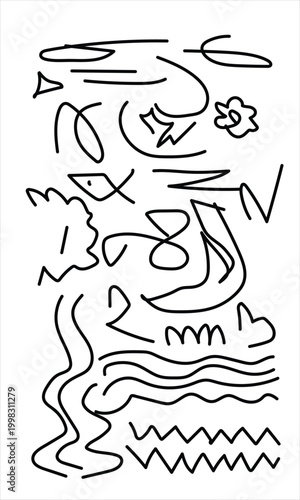 Abstract line drawing with silhouette elements and organic shapes