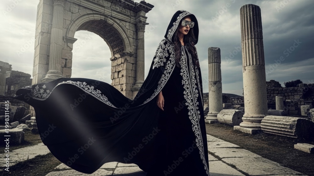 Obraz premium Elegance in the Ruins: A woman, draped in a flowing black hooded cloak, strikes a pose amidst the ancient remnants of a classical civilization, embodying a sense of mystery and timeless beauty.