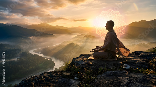 Serene Contemplation: A monk meditates atop a mountain peak, bathed in the ethereal glow of sunrise, embodying tranquility and spiritual awareness.