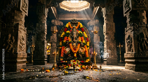 Divine Sanctuary: Majestic depiction of a sacred statue adorned with garlands and surrounded by ancient architectural marvels, inviting contemplation and spiritual reverence.