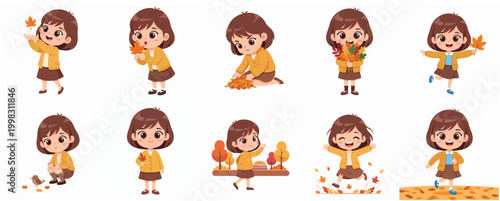 Cute Cartoon Girl Engaging in Various Autumn Leaf Activities and Seasonal Play