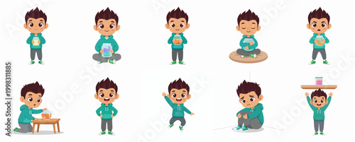Adorable Cartoon Boy Character Poses Set Illustration Collection