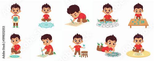 Cartoon Boy Engaged in Various Creative Drawing and Puzzle Solving Activities
