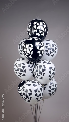 Black and white cow print helium balloons arranged in a vertical stack like a fountain on a grey background