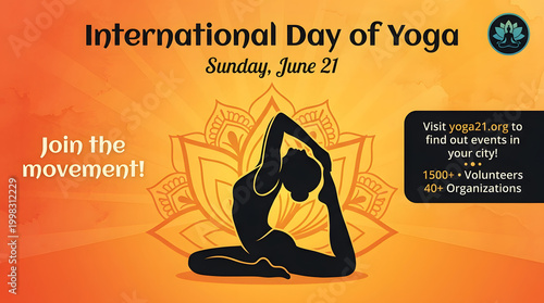 International Day of Yoga: A vibrant banner promoting the International Day of Yoga, inviting individuals to join the movement and embrace the practice of yoga for well-being.