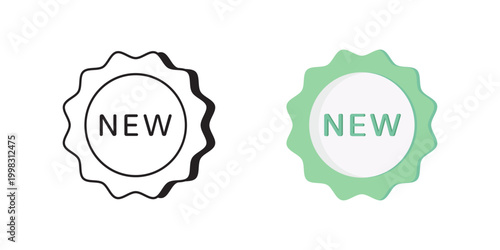 New Badge Online Shopping Icon Stickers, Outline And Filled Scalloped Seal Variants In Black And Green, Minimal Flat, Clean Scalable Design For Ecommerce Promotion, Ideal For Product Launch