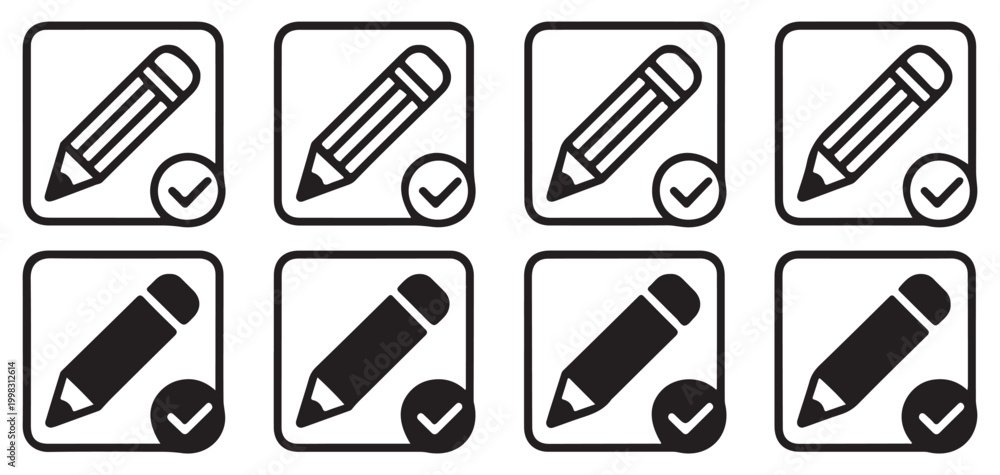 Fototapeta premium Pencil icon with checkmark sign in rounded square for task completed vector illustration eps 10