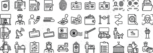 Comprehensive immigration and border security line art icon set featuring passport control, visa, customs, identity check, and travel documents in editable stroke style.