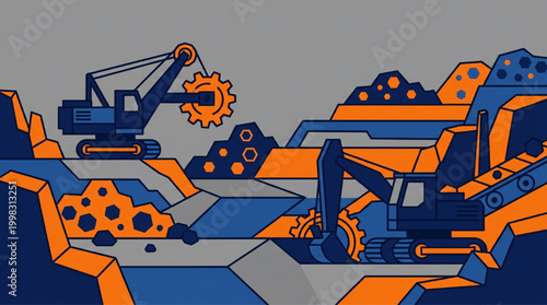 Heavy construction machinery mining in a landscape