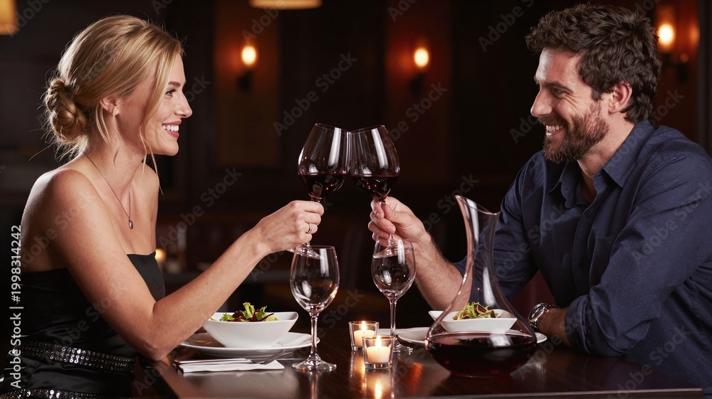 Fototapeta premium Couple toasting wine glasses during dinner at restaurant