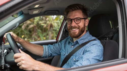 Man driving car smiling wearing glasses and seatbelt.