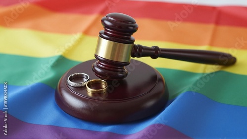 Gavel and wedding rings symbolizing same-sex marriage legal recognition on rainbow flag