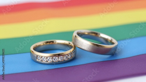 Wedding rings symbolizing same-sex marriage displayed on rainbow flag background.