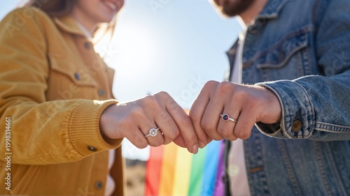 Couple showing same-sex marriage rings outdoors with rainbow flag.
