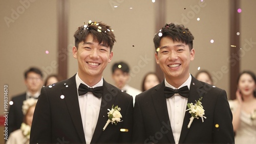 Two smiling men celebrating same-sex marriage during wedding ceremony indoors