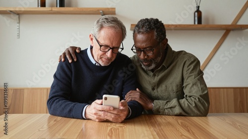 Mature LGBTQ+ couple looking at smartphone together at table.