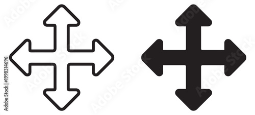 four direction arrow icon, navigation move symbol, outline and filled versions on transparent background