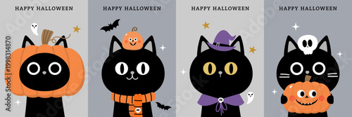 Happy Halloween greeting card with cute black cat in ghost costume and spooky pumpkin. Animal holidays cartoon character. -Vector.