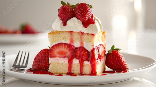 Delicious slice of sponge cake layered with fresh strawberries and cream sits on a white plate