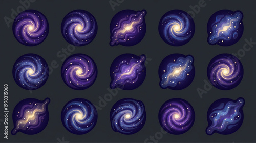 Set of spiral galaxies and nebulae in deep space