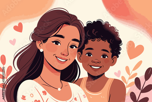 An illustration of a smiling mother and her child, surrounded by hearts and floral elements, representing family love and connection.