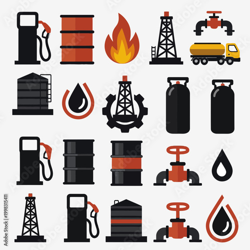 A set of icons representing fuel tanks, oil rigs, pumps, and pipes, illustrating the oil and energy production industry.
