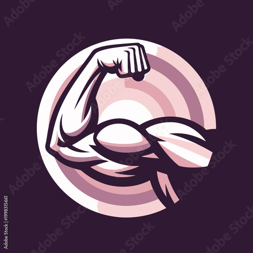 A stylized illustration of a flexing bicep and forearm, depicting strength and power within a circular, concentric ring design.