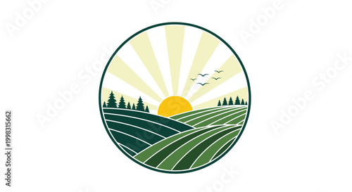 Sunrise over Idyllic Green Farm Fields with Rolling Hills and Pine Trees, Tranquil Agricultural Landscape Vector Emblem