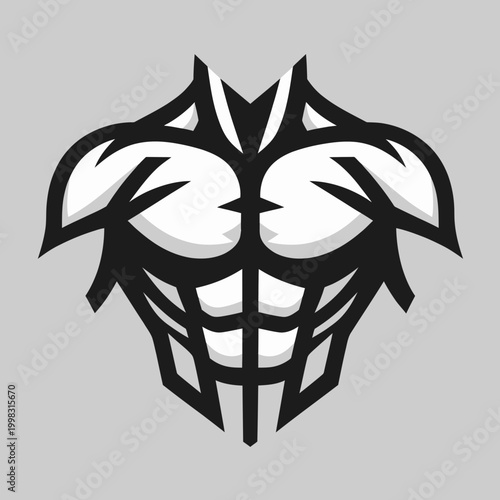 A stylized black and white illustration of a muscular male torso, showcasing defined chest, shoulders, and abdominal muscles, on a grey background.