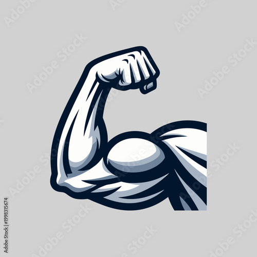 Stylized graphic illustration of a strong, flexed bicep arm showing muscle and power.