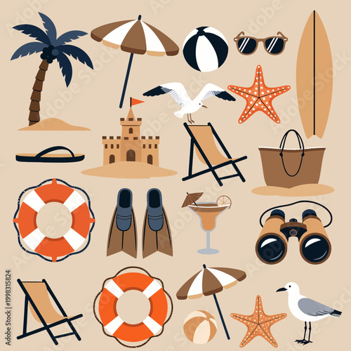 A collection of beach and summer vacation essentials including a palm tree, sandcastle, umbrella, surfboard, sunglasses, and beach chairs.