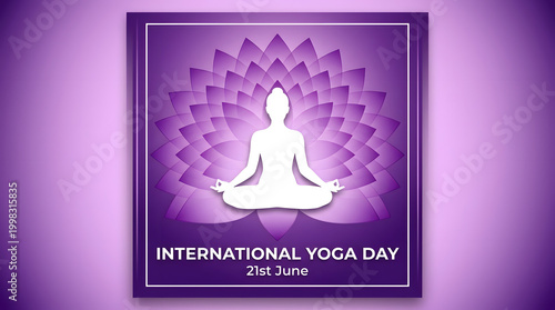 International Yoga Day: A serene illustration that pays homage to International Yoga Day, depicted with a silhouette of a person in a yoga pose and a lotus flower, symbolizing the harmony of mind.