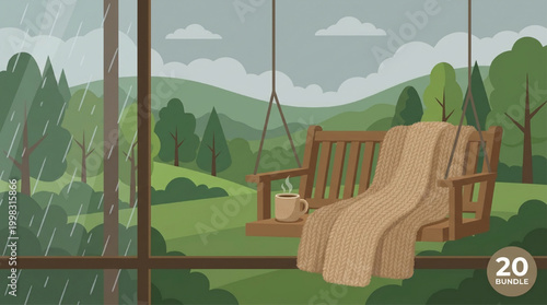 Cozy autumn rainy day scene with warm blanket and hot drink