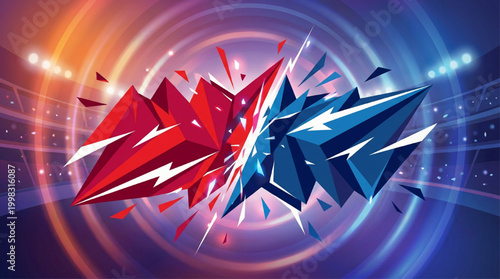 Abstract competition concept with colliding red and blue geometric shapes