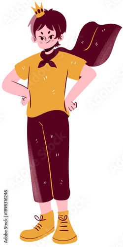 Confident cartoon boy with golden crown and flowing maroon cape hands on hips.