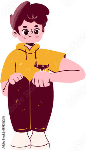 Cute cartoon boy sitting with a small insect on his yellow hoodie flat textured illustration.