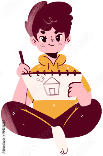 Cute cartoon boy drawing a house on a spiral sketchpad sitting crosslegged smiling with textured hair.