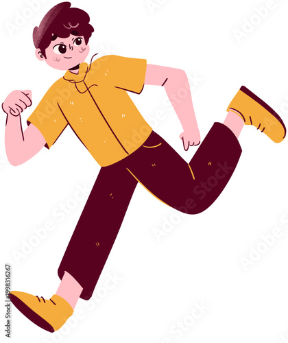 Energetic cartoon boy running with a happy expression wearing yellow shirt and maroon pants.