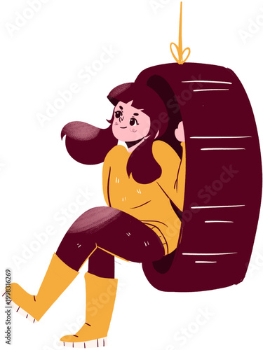 Happy cartoon girl with flowing hair yellow top maroon pants and boots swinging in a dark red tire.