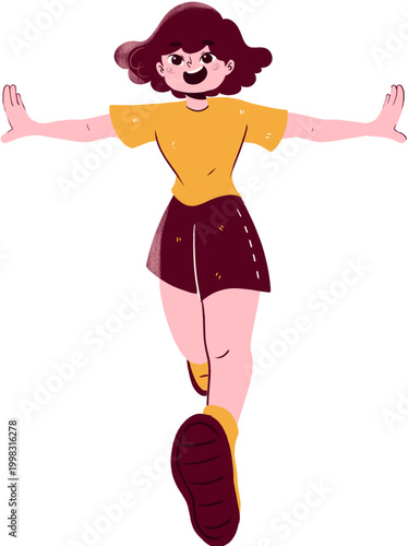 Happy cartoon girl running with arms wide open wearing yellow shirt and maroon shorts textured flat illustration.