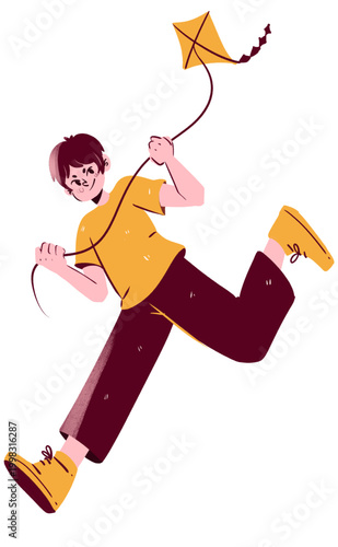 Joyful boy running flying a yellow diamond kite smiling textured flat illustration style.