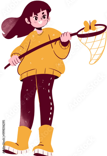 Smiling cartoon girl in yellow sweater and boots holding a butterfly net with a yellow butterfly.