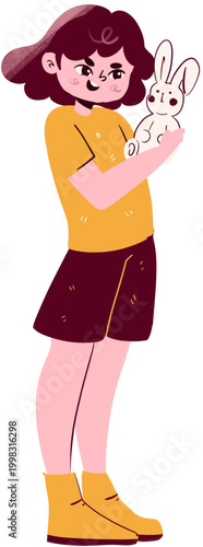 Smiling cartoon girl with short dark hair holding a cute white bunny illustration.