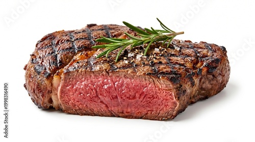 Gourmet medium-rare grilled sirloin steak with fresh rosemary isolated on white