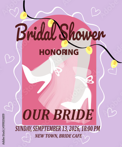 Bridal Shower Invitation Vector with Wedding Shoes and Veil for Marriage Celebration and Social Media Marketing.