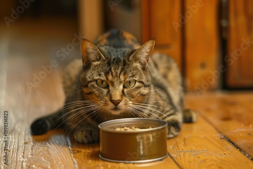 European shorthair cat eating wet food from a metal bowl placed on a wooden floor