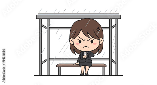 Frustrated businesswoman waiting at bus stop in rain