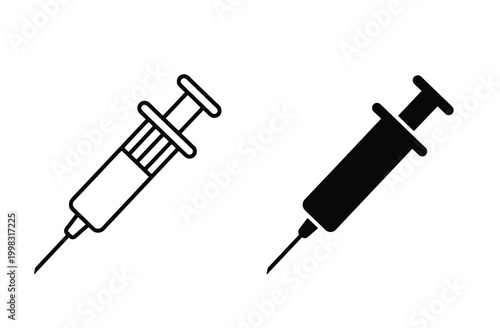 Two minimalist syringe icons, one outlined and one solid black, representing medical injection tools for healthcare and science.