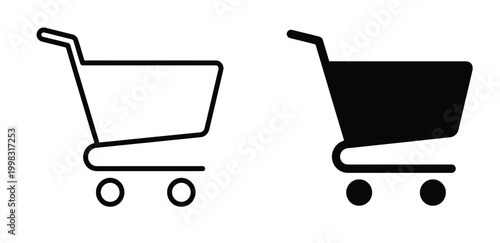 Two minimalist shopping cart icons, one outlined and one solid black, representing e-commerce and retail.
